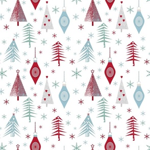 New Year, Christmas pattern with fir trees, snowflakes and New Year's toys on a white background.