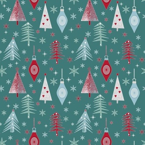 New Year, Christmas pattern with fir trees, snowflakes and New Year's toys on a green background.