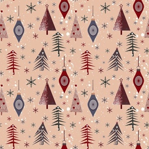 New Year, Christmas pattern with fir trees, snowflakes and New Year's toys on a beige background.