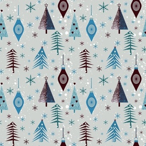 New Year, Christmas pattern with fir trees, snowflakes and   New Year's toys on a light gray background.