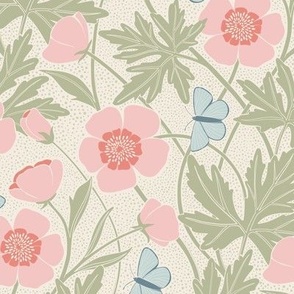 Sylvie Buttercup Floral | Pink-Mint-Blue | Small - 12" repeat | Arts & Crafts Style