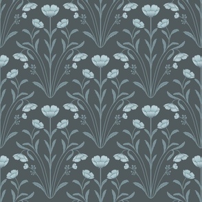 Vintage Inspired Five Petals Flowers Elongated Leaves Damask shades of blue ( medium scale ).