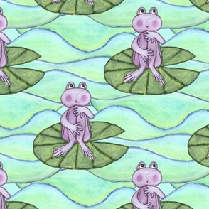 Frogs on lily pads in mint green pond