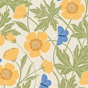 Sylvie Buttercup Floral | Yellow-Blue-Green | Small - 12" repeat | Arts & Crafts Style