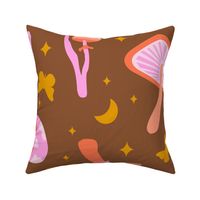 Retro Party Mushrooms Pink & Brown Large - vintage, hand-drawn, botanical, bugs, butterflies, dragonflies, pastel colors, cute, fun, clothes, kids, children, girls, wallpaper, feature wall, statement piece, yellow, coral, magical, moon, stars, dreamy