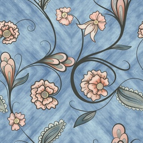 Peach Floral, blue background, small scale