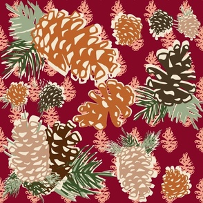 pinecones bunch on peachfuzz and cranberry red