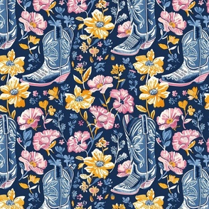 Cowgirl Boots n Flowers in Blue | Medium Size Repeat