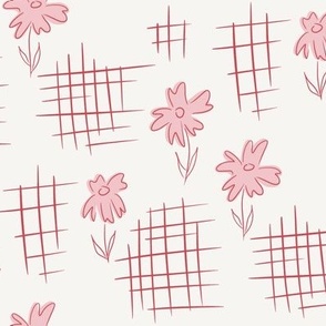 Vintage 1930s Inspired Floral Crosshatch Pattern in Pink, Red, and Ivory.