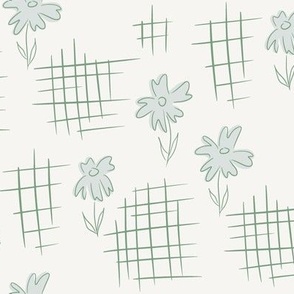 Vintage 1930s Inspired Floral Crosshatch Pattern in Soft Blue and Green.