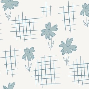 Vintage 1930s Inspired Floral Crosshatch Pattern in Soft Blue and Ivory.