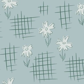 Vintage 1930s Inspired Floral Crosshatch Pattern in Dusty Blue and Green.
