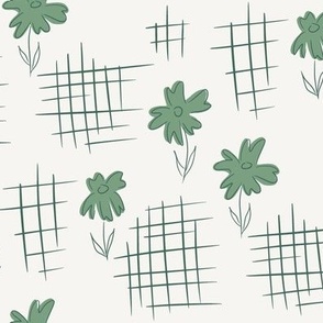 Vintage 1930s Inspired Floral Crosshatch Pattern in Green and Ivory.