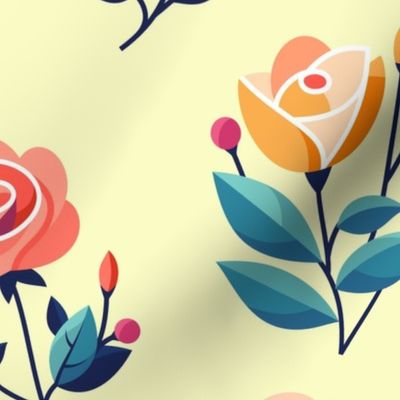 Abstract roses pattern (large scale). Flowers illustration with yellow background. Flat colors, modern.