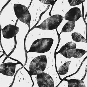 M - Earthy textured Vines and Climbing Leaves - Block Print Texture  - Botanical Wallpaper - Black and White