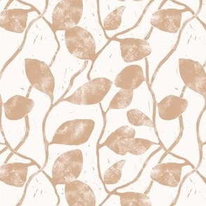 S - Earthy textured Vines and Climbing Leaves - Block Print Texture  - Botanical Wallpaper - Light Brown Tan - Warm Minimalist - Neutral Nursery