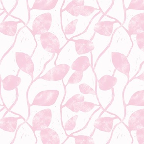 M - Textured Vines and Climbing Leaves - Block Print Texture  - Botanical Wallpaper - Light Pastel Pink - Baby Girl Nursery