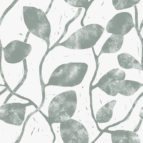 M - Textured Vines and Climbing Leaves - Block Print Texture - Monochrome Sage Green - Botanical Wallpaper