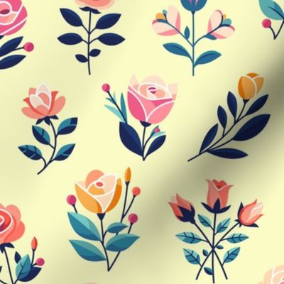 Abstract roses pattern (small scale). Flowers illustration with yellow background. Flat colors, modern.