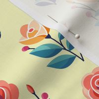 Abstract roses pattern (small scale). Flowers illustration with yellow background. Flat colors, modern.