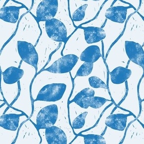 S - Textured Vines and Climbing Leaves - Block Print Texture  - Botanical Wallpaper - Monochrome Blue