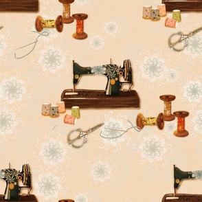 12” grid repeat antique, heritage vintage sewing machine, scissors, cotton reel spools with faux burlap woven texture on linen