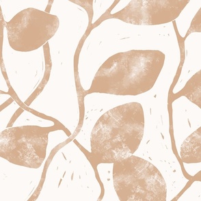 L - Earthy textured Vines and Climbing Leaves - Block Print Texture  - Botanical Wallpaper - Light Brown Tan