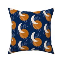 Sun and moon abstract design on a darker blue background
