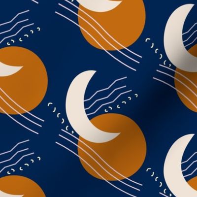 Sun and moon abstract design on a darker blue background