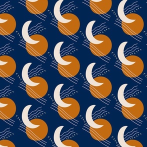 Sun and moon abstract design on a darker blue background