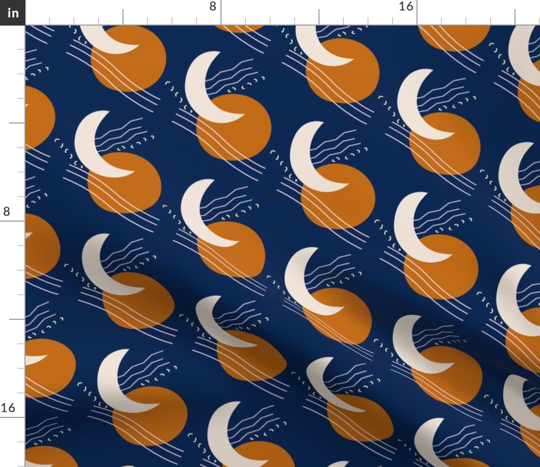 Sun and moon abstract design on a darker blue background