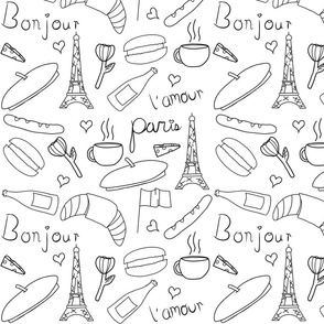 Hand-Drawn Black and White Paris Pattern Large