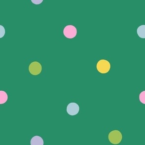 LARGE Happy Colorful Hand-Drawn Polka Dots on a green background
