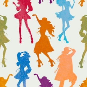 Dancing bright silhouettes of girls in stylish clothes on the wallpaper