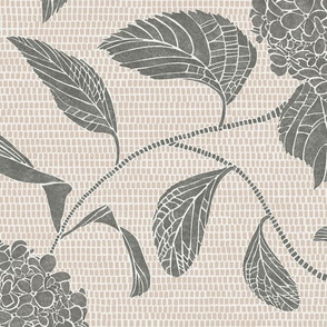 Charcoal and beige trailing floral hydrangea in a drawn texture