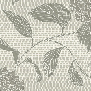 Sage green and white trailing floral hydrangea in a drawn texture