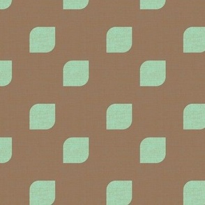 Small scale retro mod flower petal diagonal geometric in mid brown and celadon green  with a linen texture.