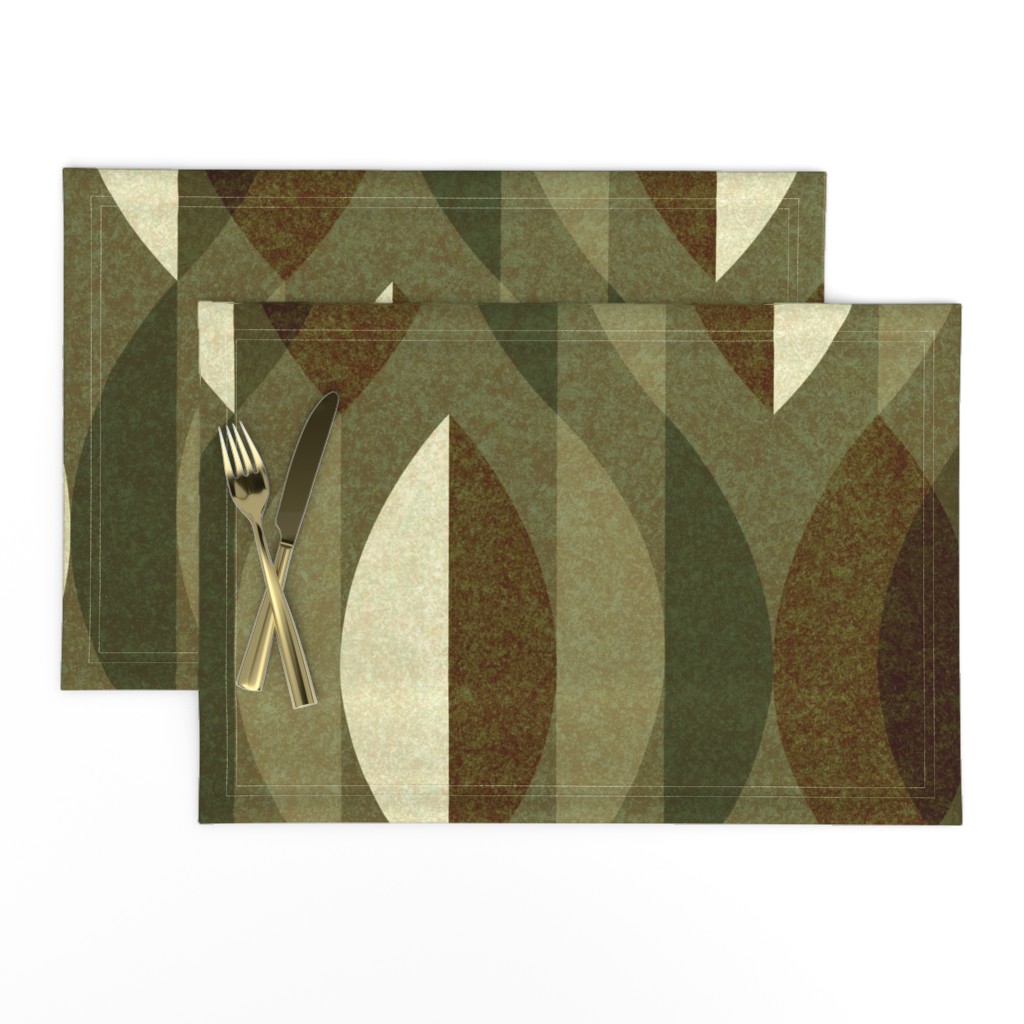 L - Retro Vintage Dark Brown, Beige, Green Artichoke Mid-century Modern Earth Color Textured Abstract Geometric Shapes and Stripes