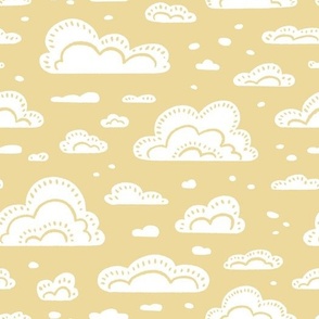 After the Rain Scattered Fluffy Cloud Pattern - Honey Yellow and White - Medium Scale - Cute Block Print Style Design for Kids, Nursery, and Nature Decor