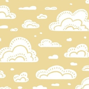 After the Rain Scattered Fluffy Cloud Pattern - Honey Yellow and White - Medium Scale - Cute Block Print Style Design for Kids, Nursery, and Nature Decor