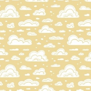 After the Rain Scattered Fluffy Cloud Pattern - Honey Yellow and White - Small Scale - Cute Block Print Style Design for Kids, Nursery, and Nature Decor