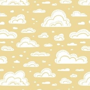 After the Rain Scattered Fluffy Cloud Pattern - Honey Yellow and White - Small Scale - Cute Block Print Style Design for Kids, Nursery, and Nature Decor