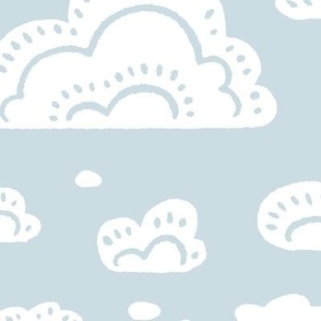 After the Rain Scattered Fluffy Cloud Pattern - Ice Blue and White - Large Scale - Cute Block Print Style Design for Kids, Nursery, and Nature Decor