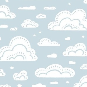 After the Rain Scattered Fluffy Cloud Pattern - Ice Blue and White - Medium Scale - Cute Block Print Style Design for Kids, Nursery, and Nature Decor