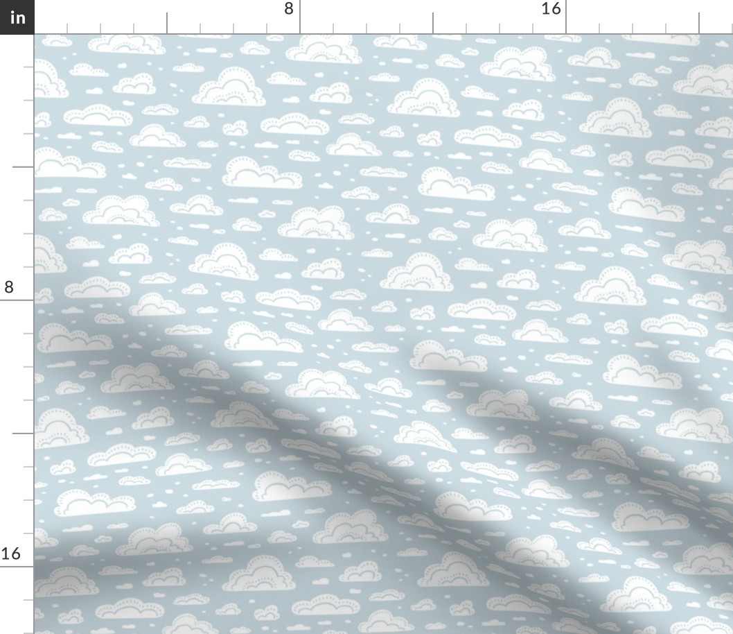 After the Rain Scattered Fluffy Cloud Pattern - Ice Blue and White - Small Scale - Cute Block Print Style Design for Kids, Nursery, and Nature Decor
