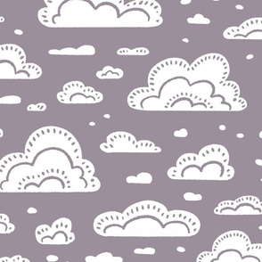 After the Rain Scattered Fluffy Cloud Pattern - Lilac Purple and White - Large Scale - Cute Block Print Style Design for Kids, Nursery, and Nature Decor