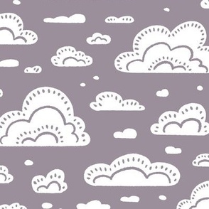 After the Rain Scattered Fluffy Cloud Pattern - Lilac Purple and White - Medium Scale - Cute Block Print Style Design for Kids, Nursery, and Nature Decor