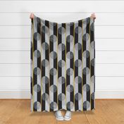 Abstract geometric textured drops // large jumbo scale // grunge grey tones linen texture black and gold texture dots circles and stripes art deco modern look wallpaper