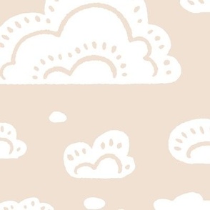 After the Rain Scattered Fluffy Cloud Pattern - Neutral Almond Beige and White - Large Scale - Cute Block Print Style Design for Kids, Nursery, and Nature Decor