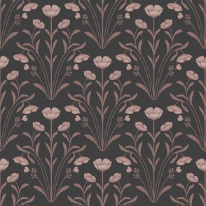 Vintage Inspired Five Petals Flowers Elongated Leaves Damask mauve and charcoal ( medium scale )